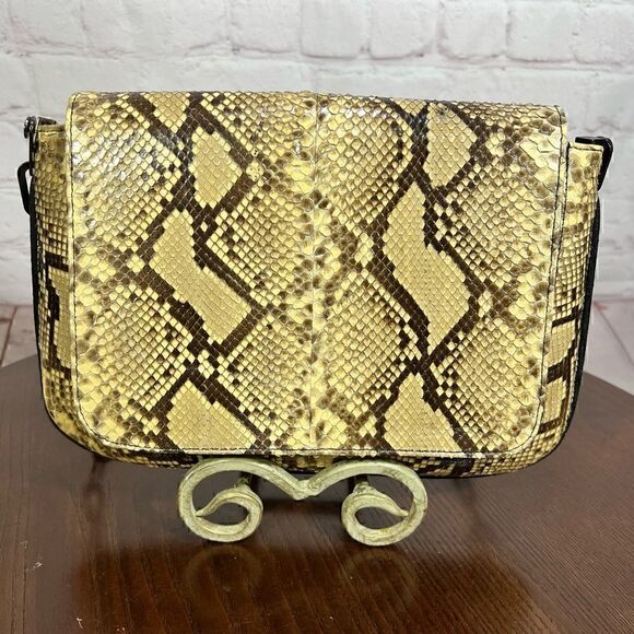 STUART WEITZMAN PYTHON SNAKESKIN & linen shoulder bag gunmetal chain strap - Picture 9 of 12